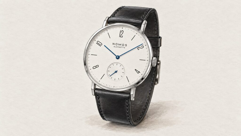 AI editorial illustration of the Nomos 139 watch.