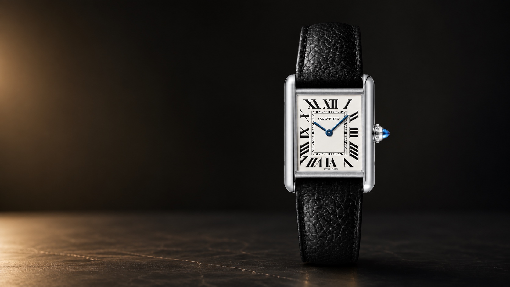 Cartier Tank Must Large WSTA0136 in an AI-composed dark studio setting.