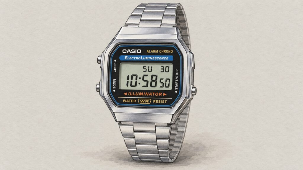 AI editorial illustration of the Casio A168WA-1YES watch.