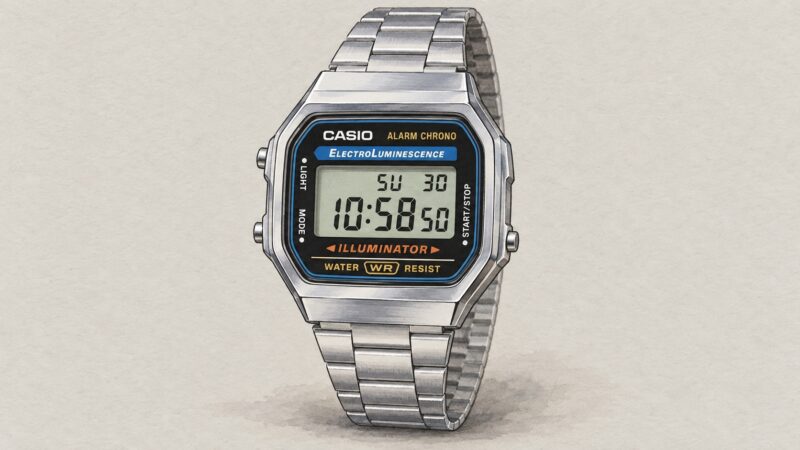 AI editorial illustration of the Casio A168WA-1YES watch.