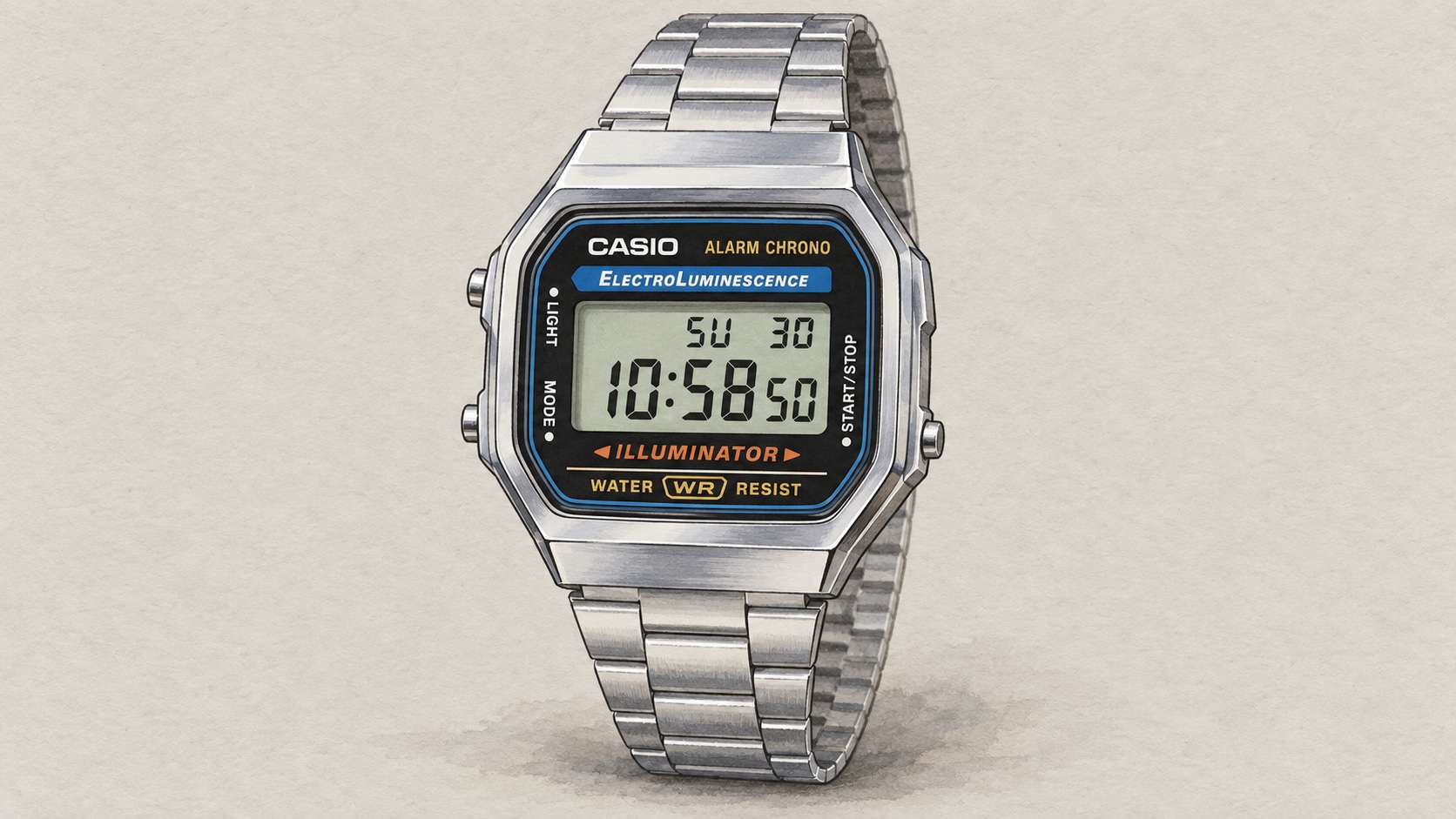 AI editorial illustration of the Casio A168WA-1YES watch.