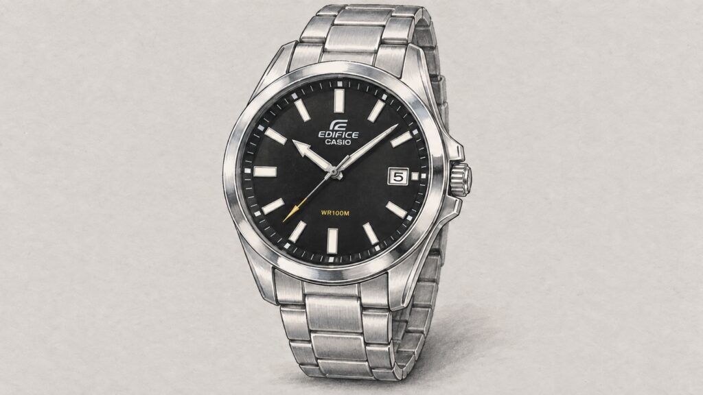 AI editorial illustration of the Casio EFV-100D-1AV watch.