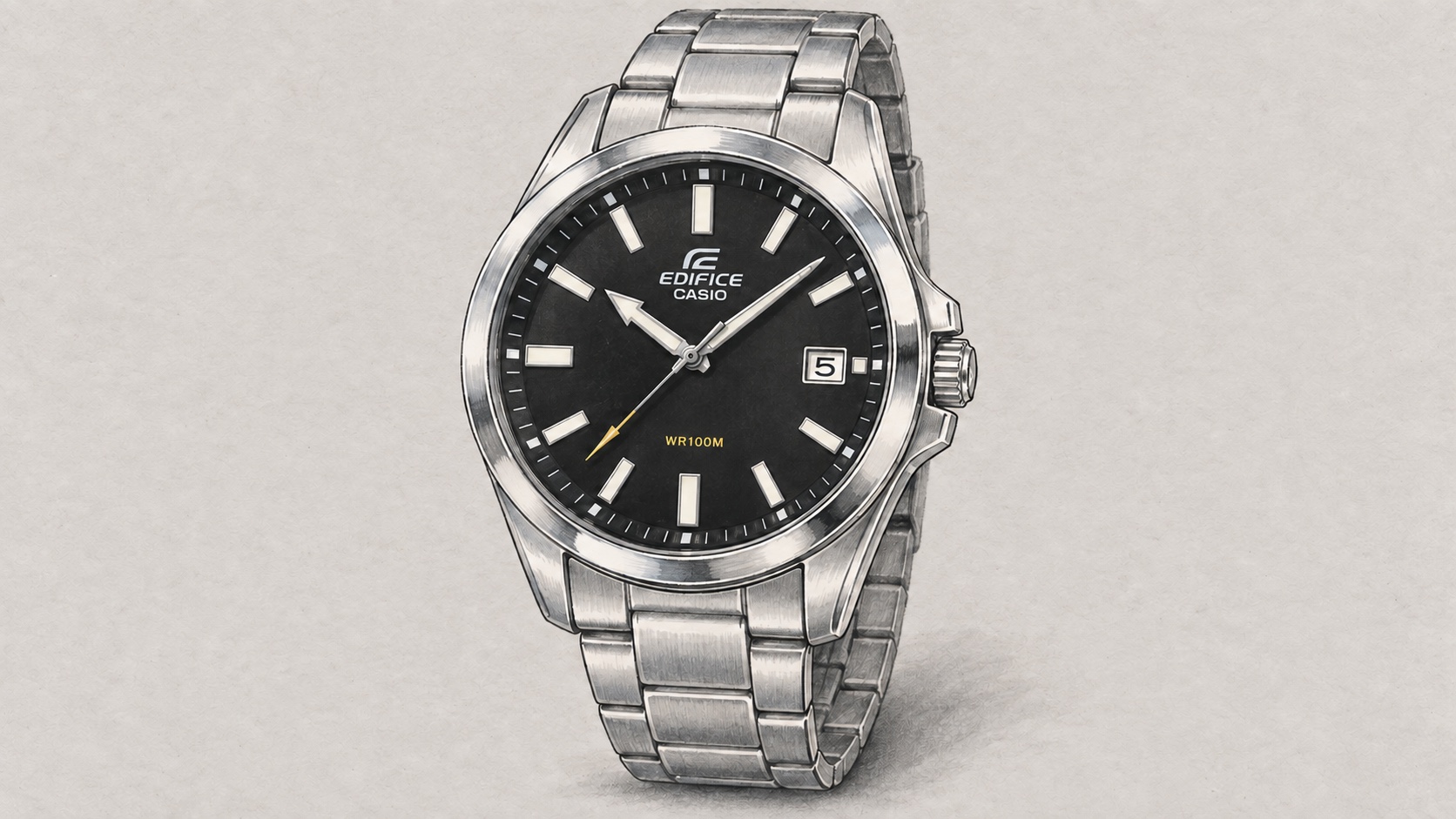 AI editorial illustration of the Casio EFV-100D-1AV watch.