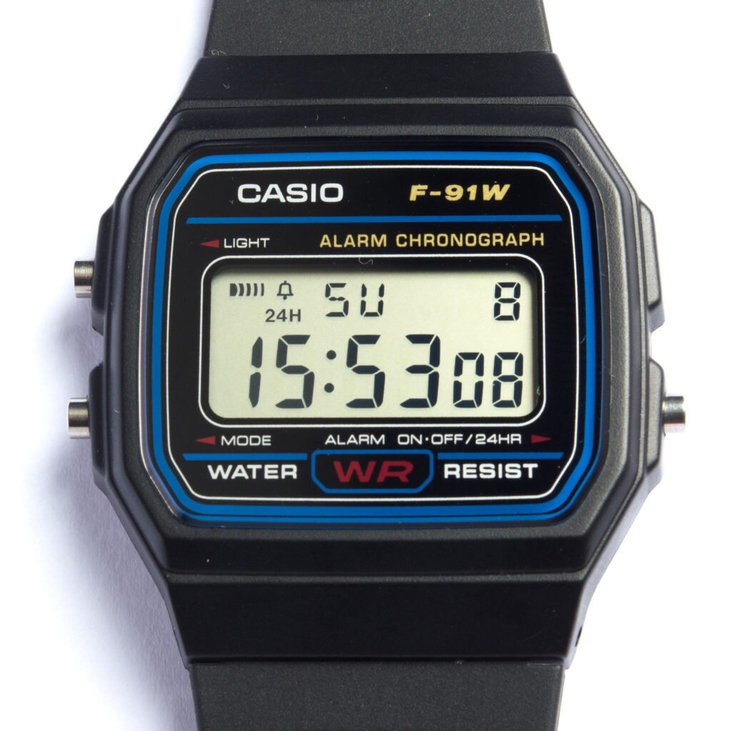 Black Casio F-91W digital watch photographed by Multicherry.