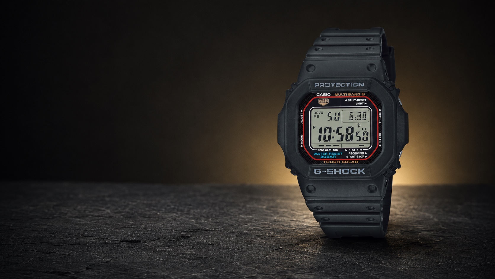 Black Casio G-Shock GW-M5610U-1ER with its branded square digital face in a dark studio setting.
