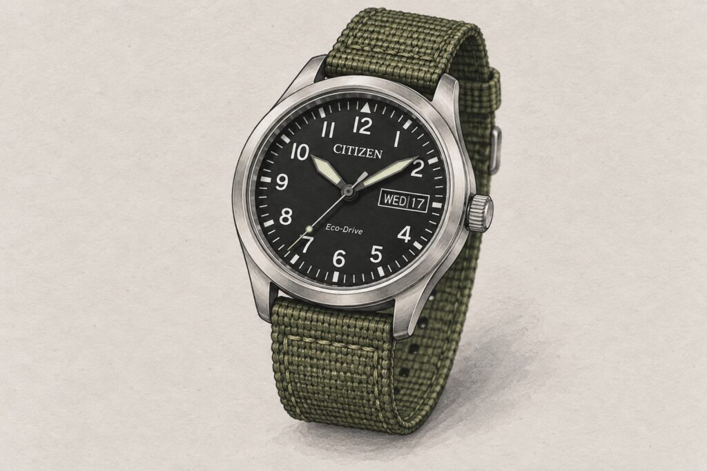 AI editorial illustration of a Citizen Garrison-style watch with black Arabic-numeral dial and olive fabric strap.