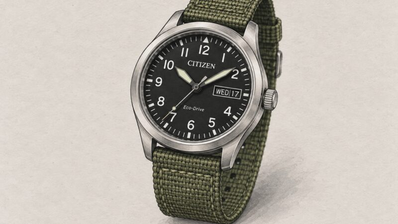 AI editorial illustration of a Citizen Garrison-style watch with black Arabic-numeral dial and olive fabric strap.