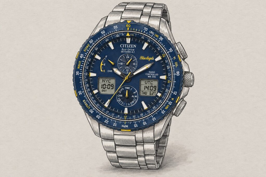 AI editorial illustration of a blue-and-yellow Citizen Skyhawk with steel bracelet, analogue hands and digital displays.