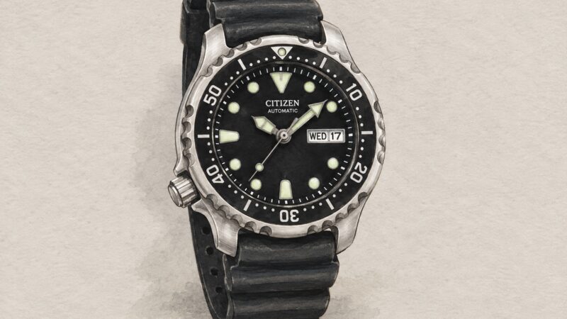 AI editorial illustration of a Citizen NY0040-style black-dial diver with a left-side crown and black strap.