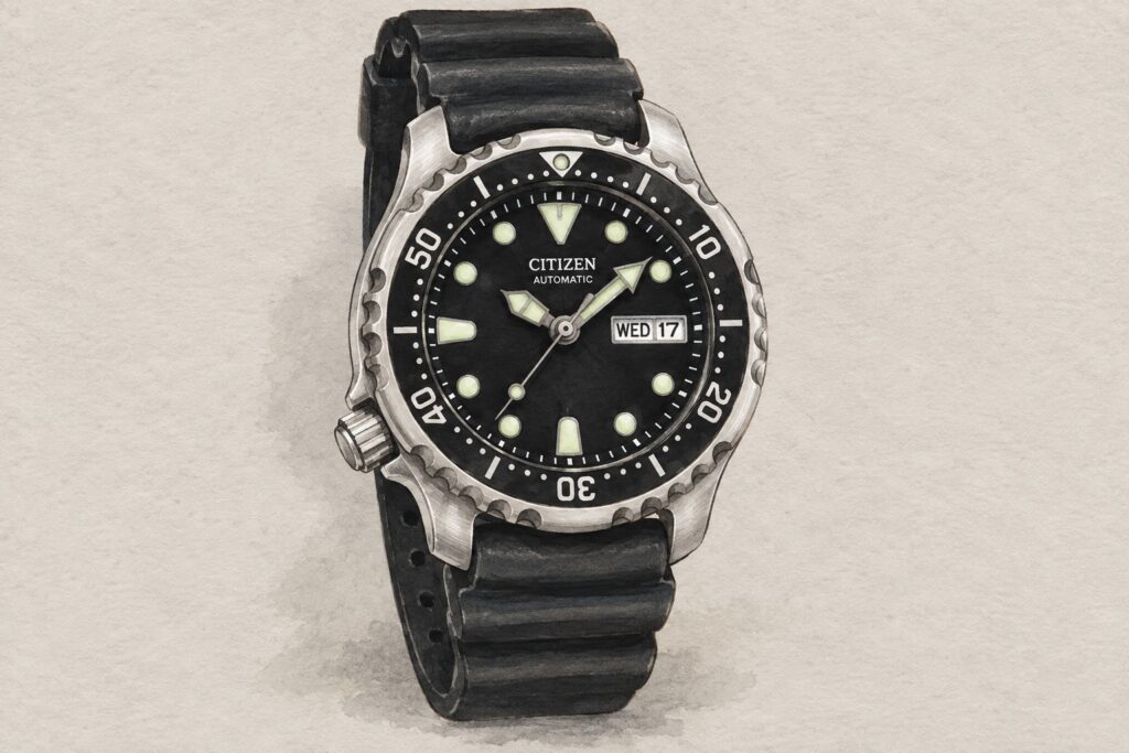 AI editorial illustration of a Citizen NY0040-style black-dial diver with a left-side crown and black strap.