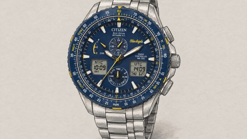 AI editorial illustration of a blue-and-yellow Citizen Skyhawk with steel bracelet, analogue hands and digital displays.