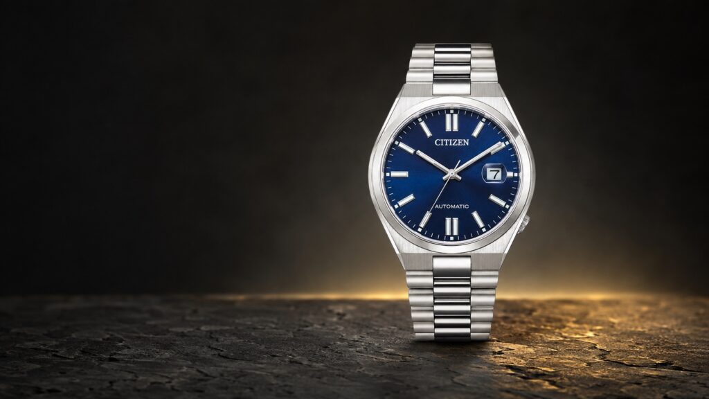 Blue-dial Citizen Tsuyosa NJ0150-81L on its steel bracelet in a dark studio setting.