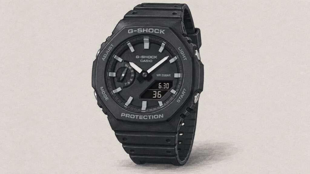 AI editorial illustration of the Casio GA-2100-1AER watch.