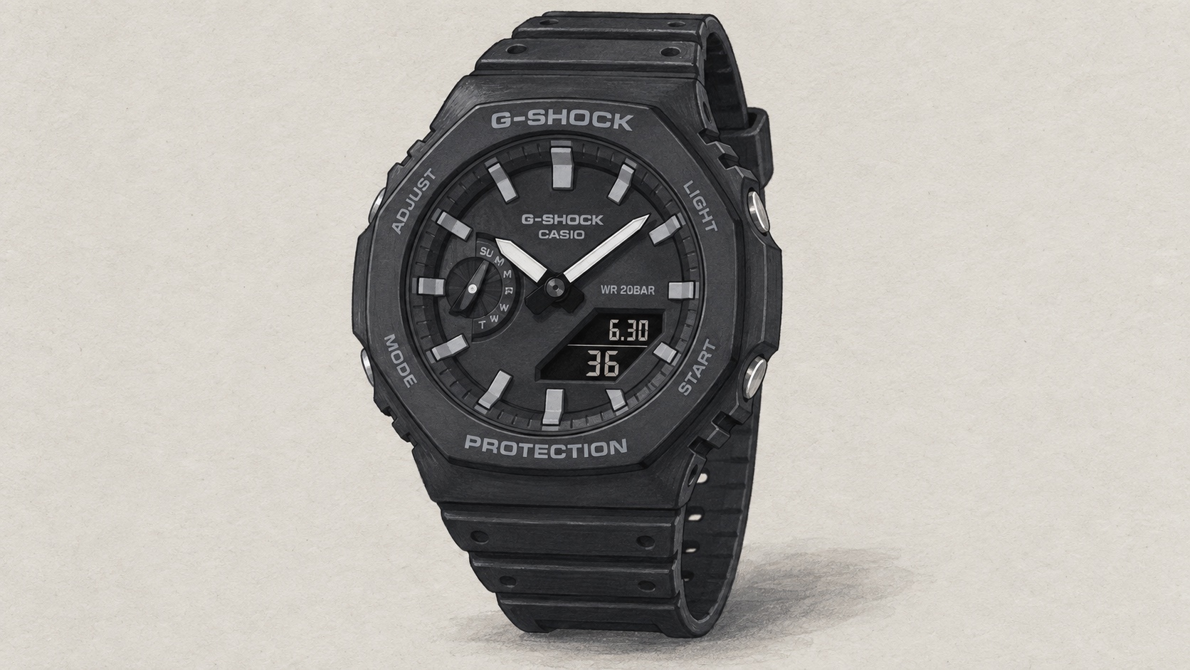 AI editorial illustration of the Casio GA-2100-1AER watch.