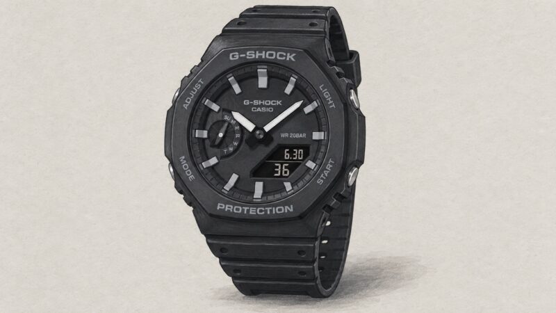 AI editorial illustration of the Casio GA-2100-1AER watch.