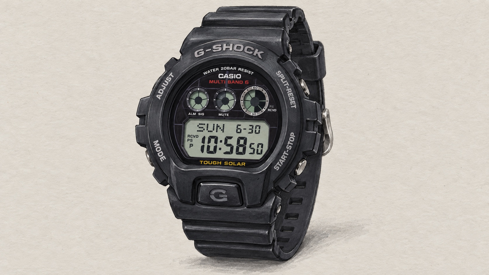 AI editorial illustration of the Casio GW-6900-1JF watch.