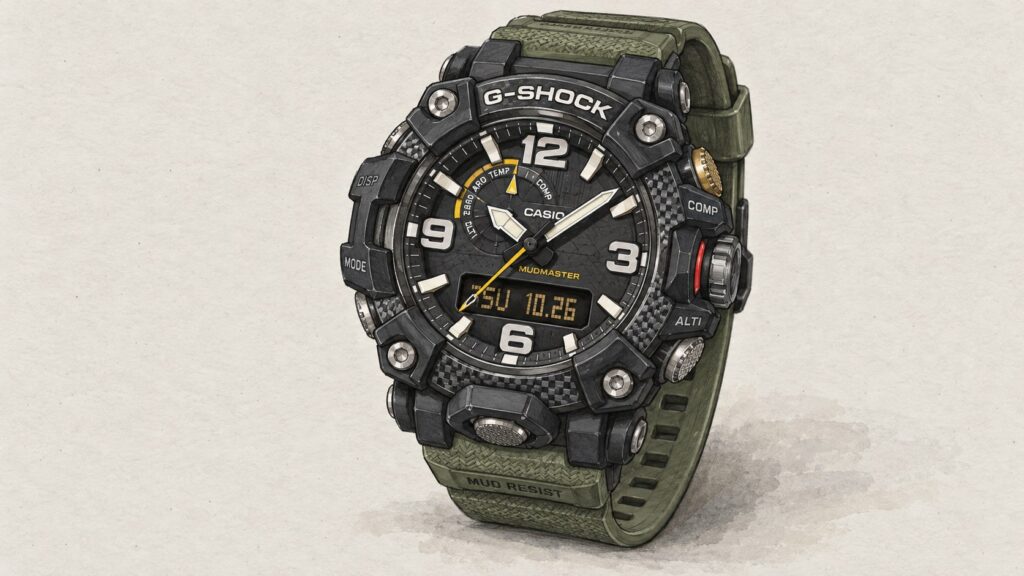AI editorial illustration of the G-Shock GG-B100-1A3ER watch.