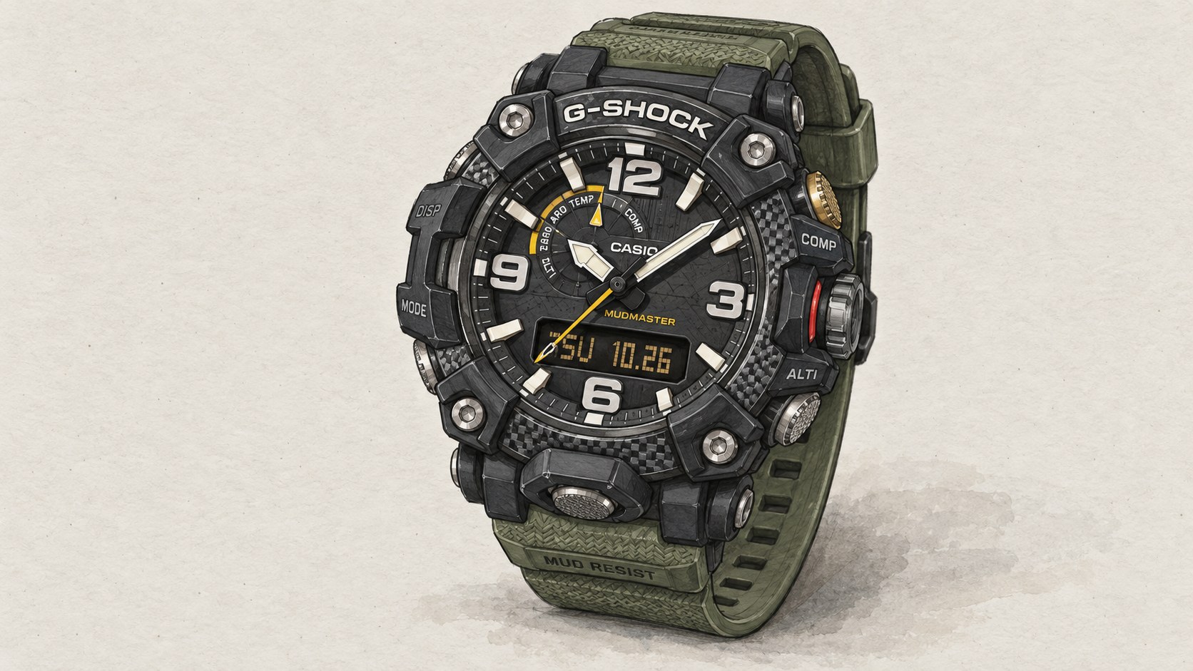 AI editorial illustration of the G-Shock GG-B100-1A3ER watch.