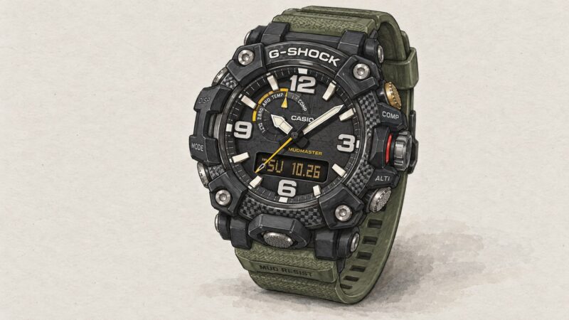 AI editorial illustration of the G-Shock GG-B100-1A3ER watch.