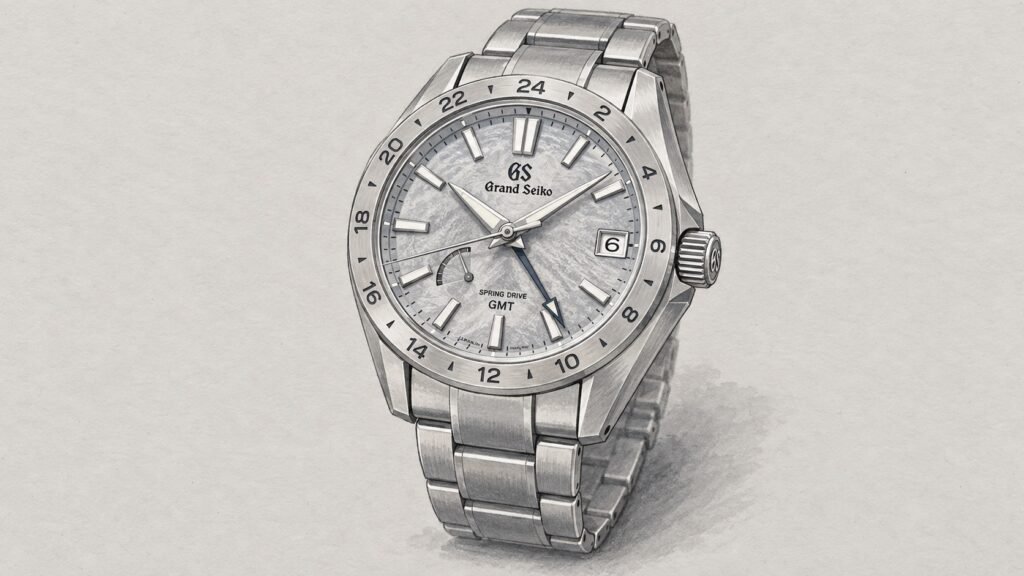AI editorial illustration of the Grand Seiko SBGE285 watch.
