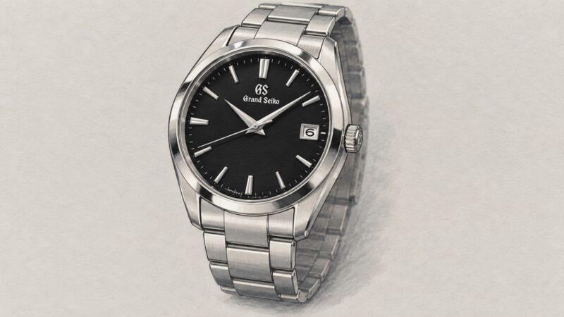 AI editorial illustration of the Grand Seiko SBGP011 watch.