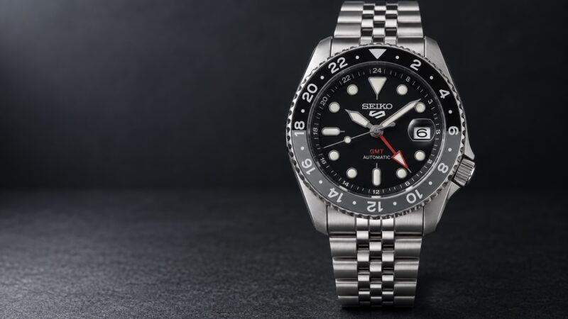 Illustration of the Seiko 5 GMT SSK001, reference SSK001K1.
