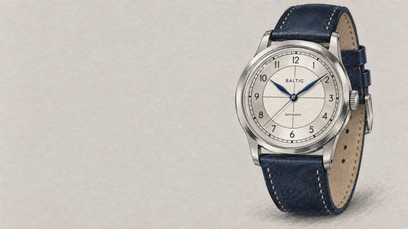 Editorial illustration of Baltic HMS 002 Silver, stitched navy leather, current Miyota 8315
