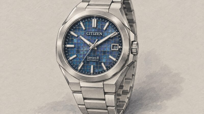 AI editorial illustration of a Citizen Series 8 830 with a blue lattice dial and steel bracelet.