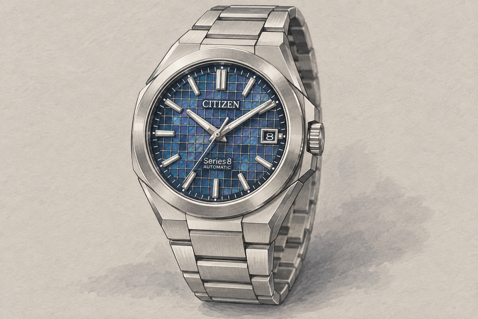 AI editorial illustration of a Citizen Series 8 830 with a blue lattice dial and steel bracelet.