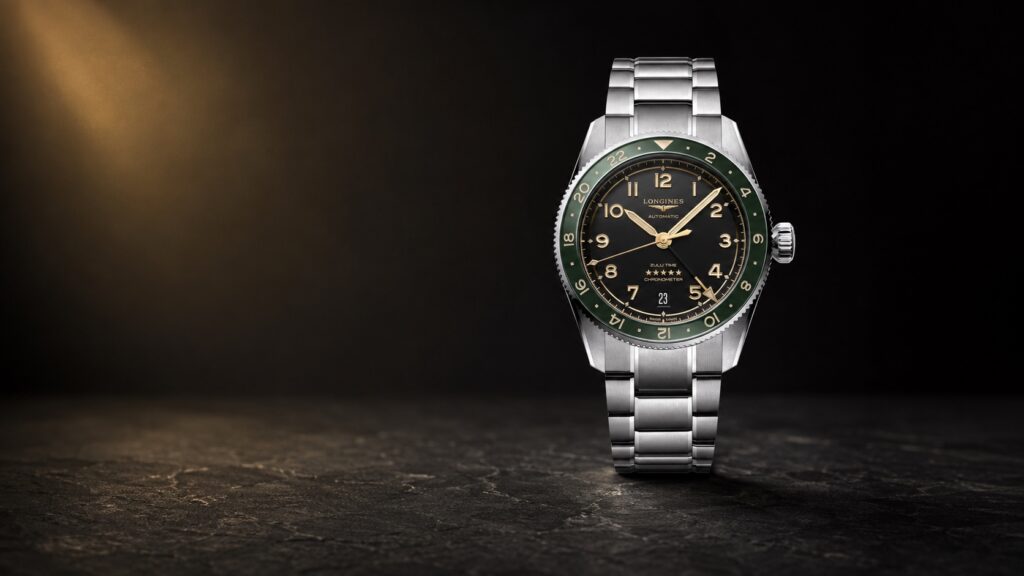 Longines Spirit Zulu Time 39 L3.802.4.63.6 in an AI-composed dark studio setting.