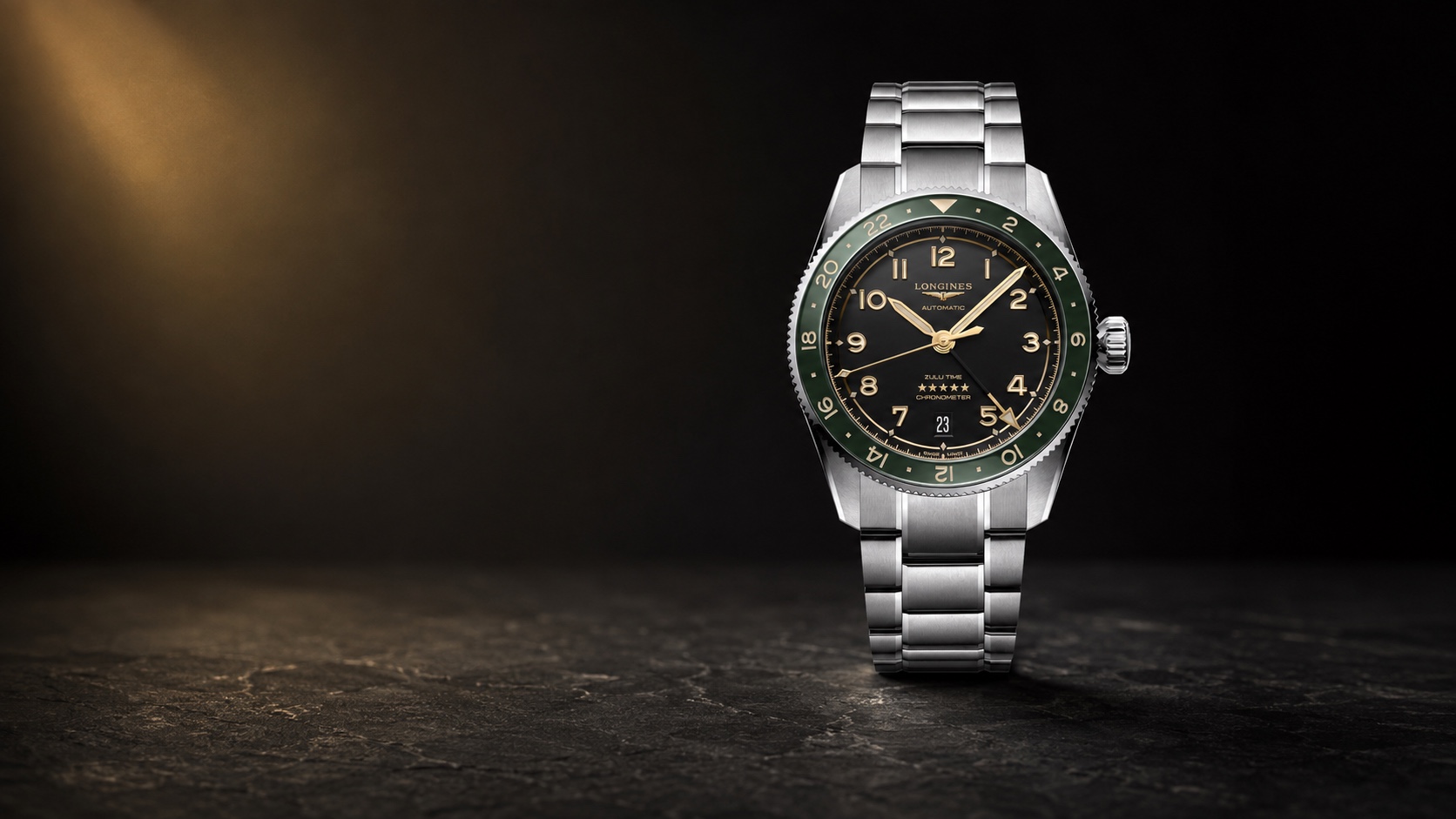 Longines Spirit Zulu Time 39 L3.802.4.63.6 in an AI-composed dark studio setting.