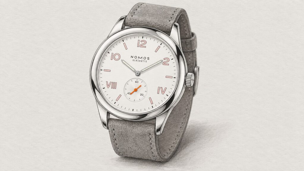 AI editorial illustration of the Nomos 708 watch.