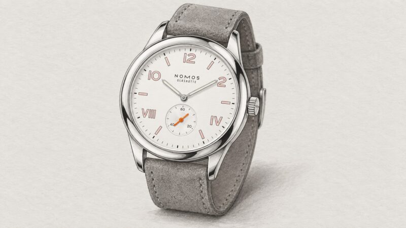 AI editorial illustration of the Nomos 708 watch.