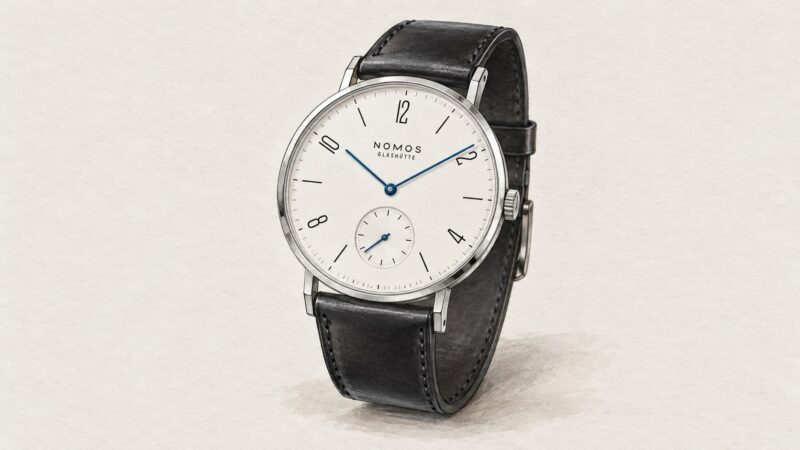 AI editorial illustration of the Nomos 139 watch.