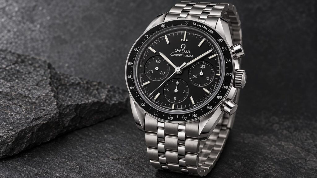 Illustration of the Omega Speedmaster 38 reference 324.30.38.50.01.002 current 2026 no-date version.