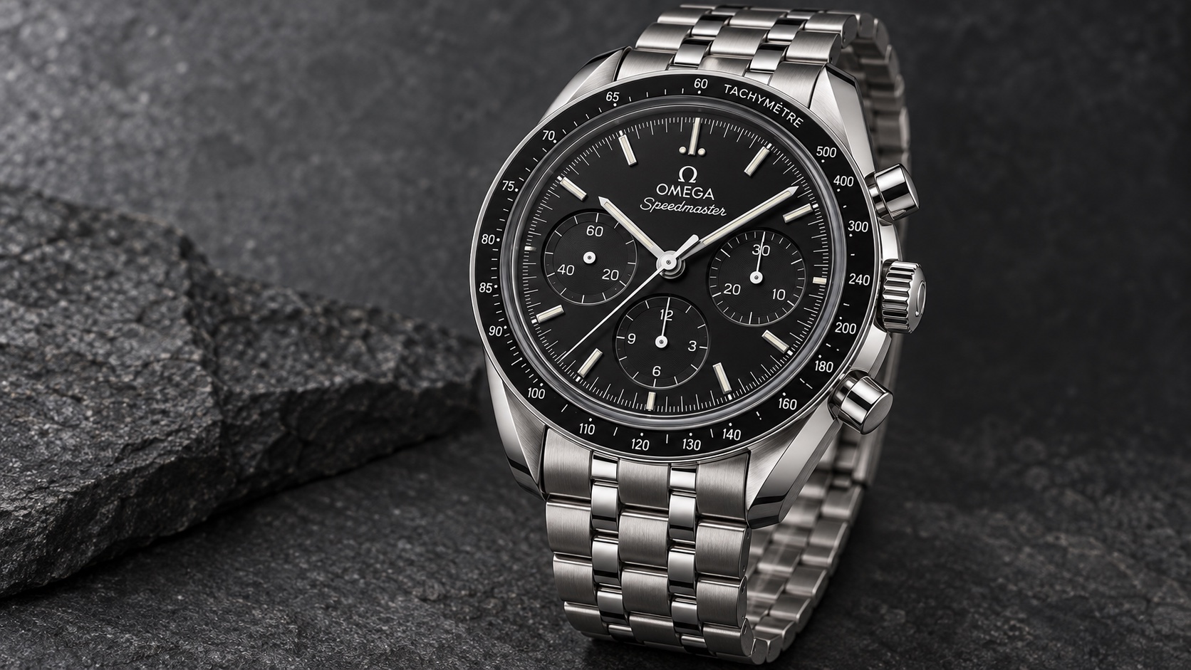 Illustration of the Omega Speedmaster 38 reference 324.30.38.50.01.002 current 2026 no-date version.