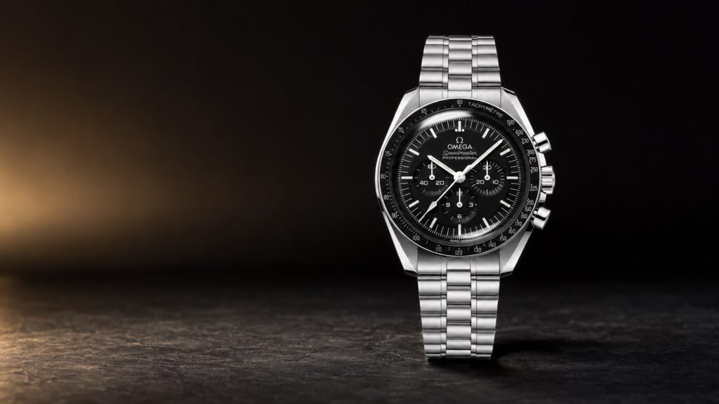 Omega Speedmaster Moonwatch Professional sapphire 310.30.42.50.01.002 in an AI-composed dark studio setting.