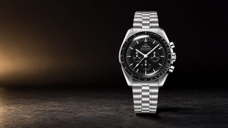 Omega Speedmaster Moonwatch Professional sapphire 310.30.42.50.01.002 in an AI-composed dark studio setting.