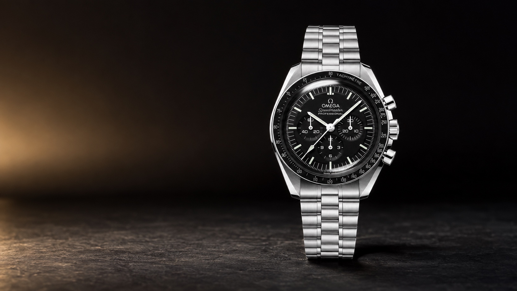 Omega Speedmaster Moonwatch Professional sapphire 310.30.42.50.01.002 in an AI-composed dark studio setting.