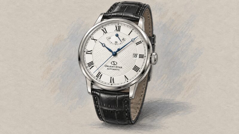 AI editorial illustration of the Orient Star RE-AU0002S watch.