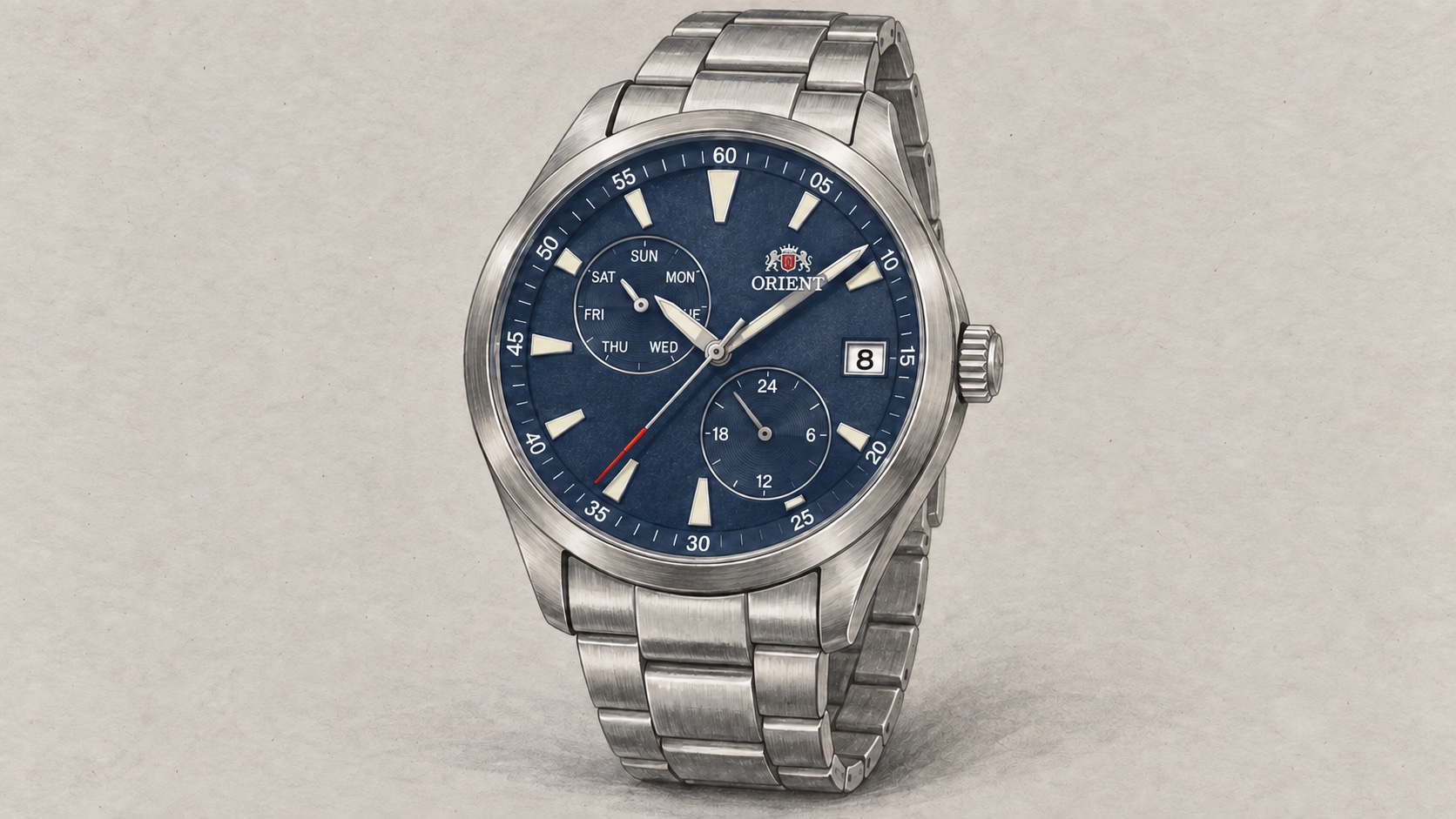 AI editorial illustration of the Orient RA-AK0401L watch.