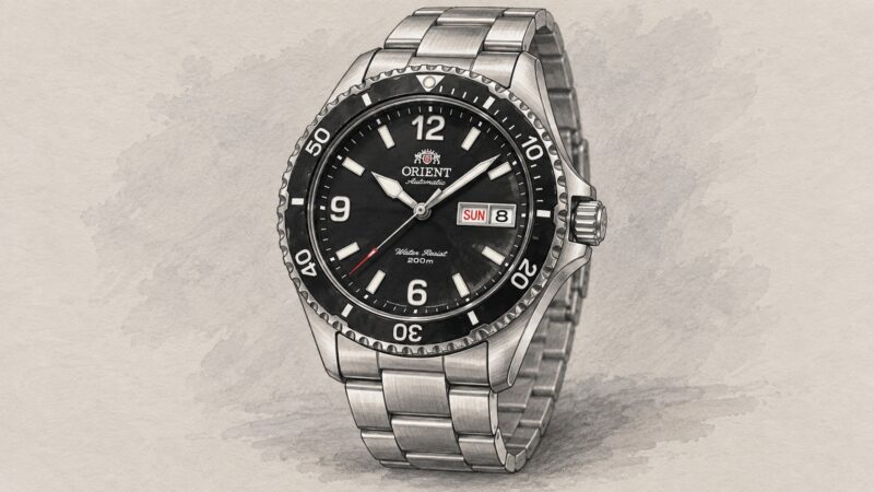 AI editorial illustration of the Orient AA02001B / TAA02001B9 watch.