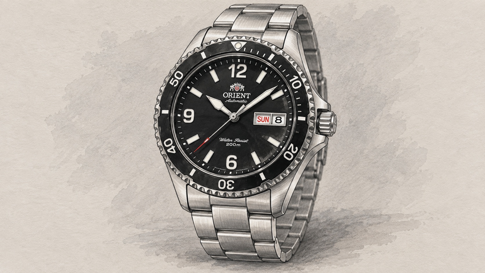 AI editorial illustration of the Orient AA02001B / TAA02001B9 watch.