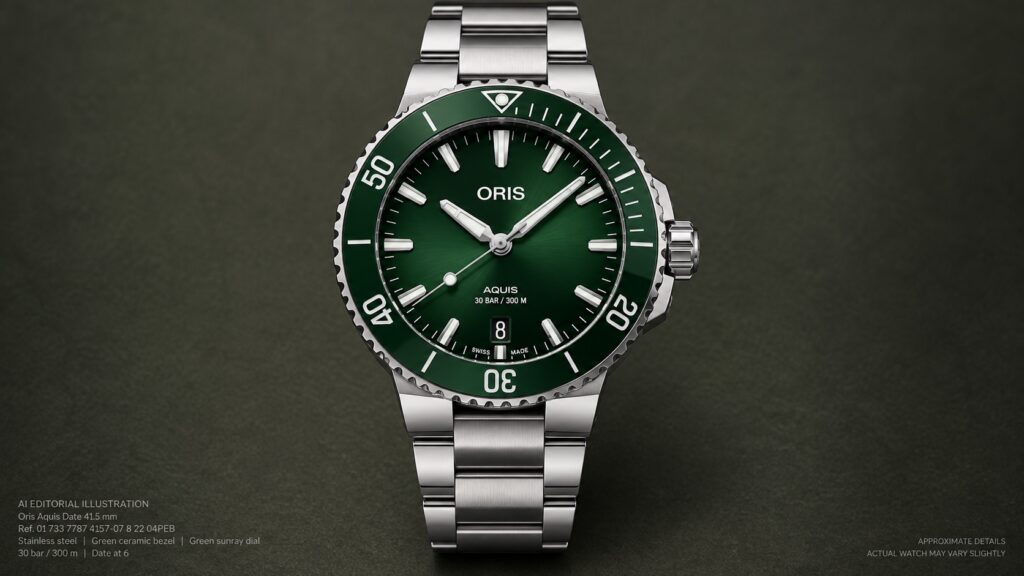 Illustration of the Oris Aquis Date 41.5mm, reference 01 733 7787 4157-07 8 22 04PEB.