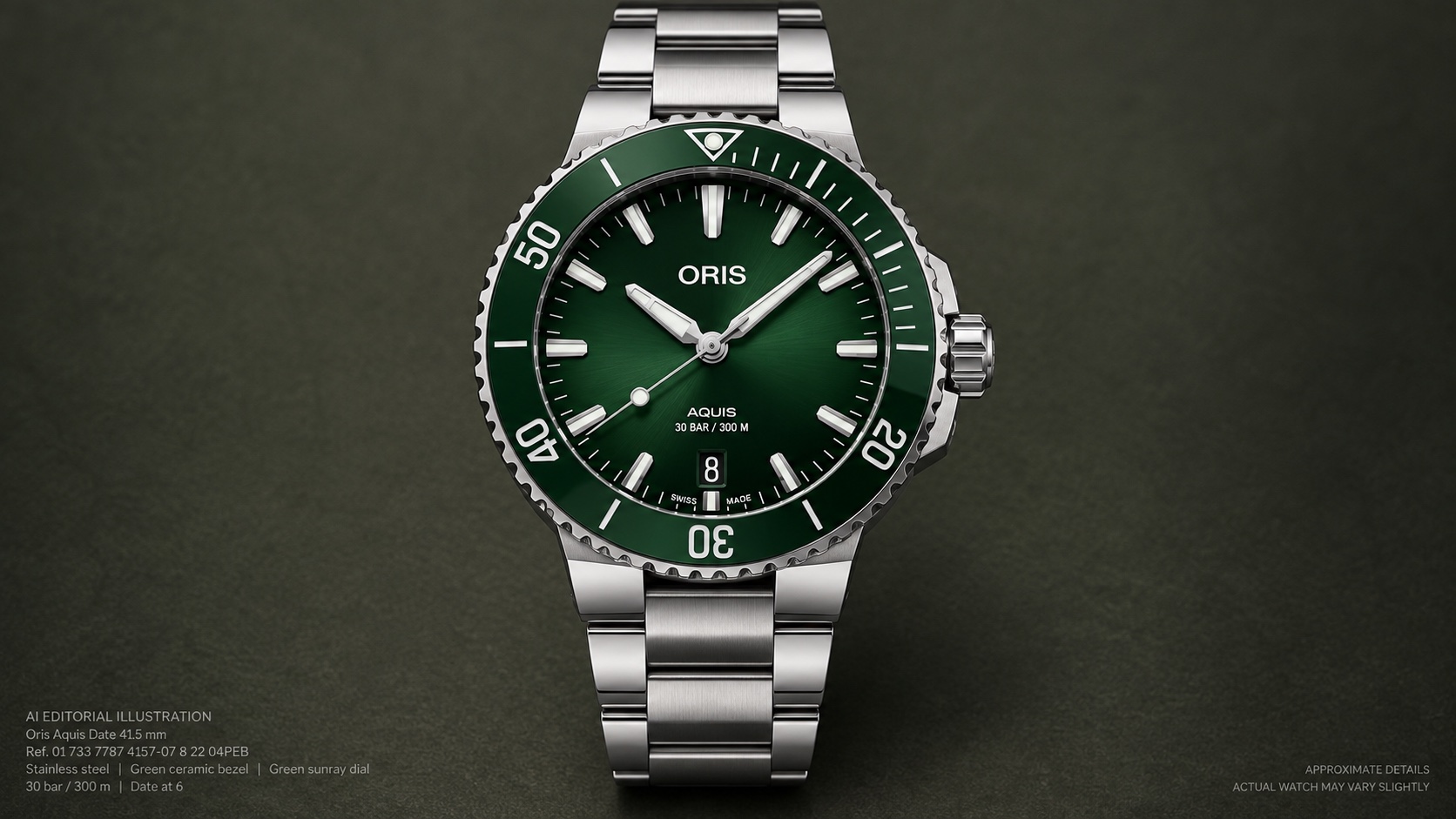 Illustration of the Oris Aquis Date 41.5mm, reference 01 733 7787 4157-07 8 22 04PEB.