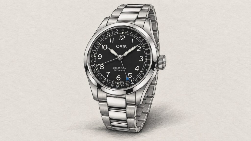 AI editorial illustration of the Oris 01 754 7798 4064-07 8 20 06 watch.