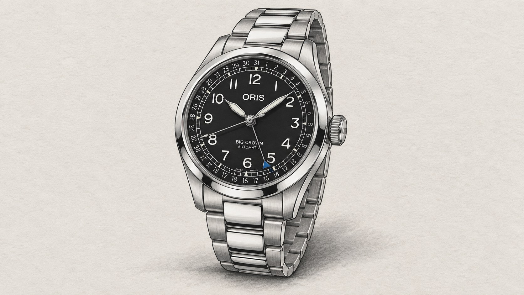 AI editorial illustration of the Oris 01 754 7798 4064-07 8 20 06 watch.