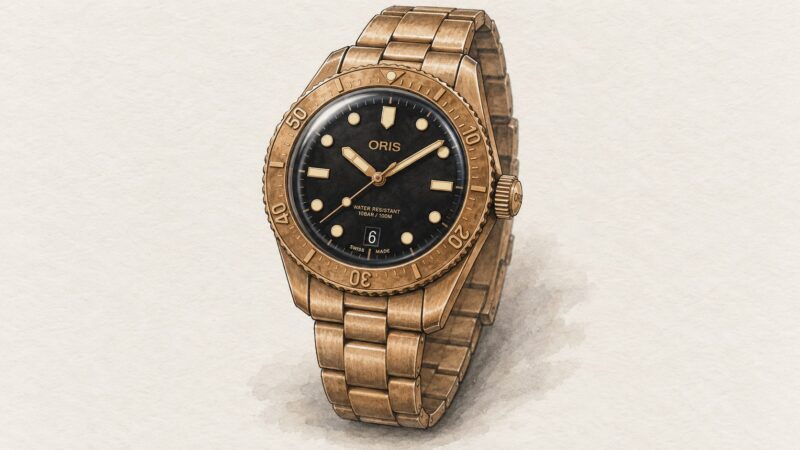 AI editorial illustration of the Oris 01 733 7771 3154-07 8 19 15 watch.