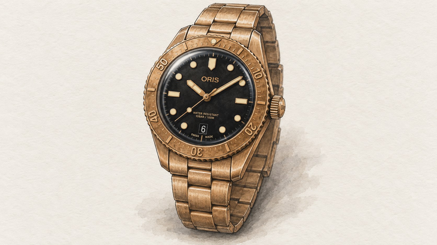 AI editorial illustration of the Oris 01 733 7771 3154-07 8 19 15 watch.