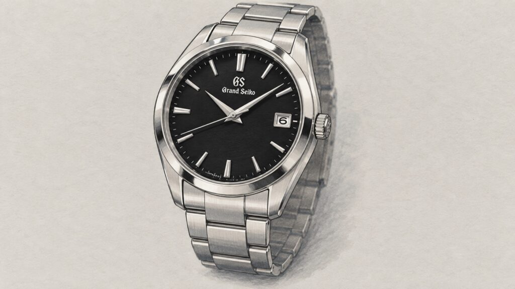 AI editorial illustration of the Grand Seiko SBGP011 watch.